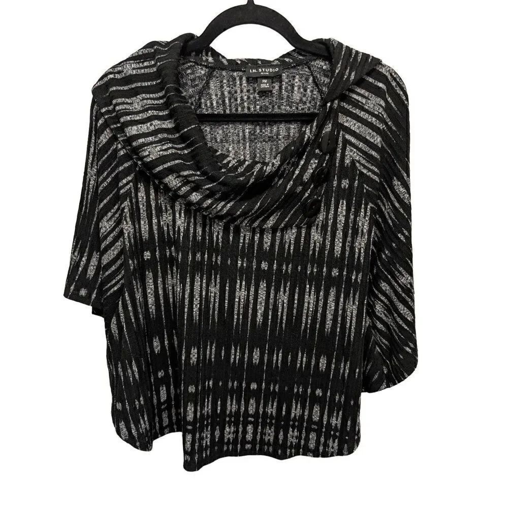 I.N. Studio Knit Poncho Modern Gray Black Long Turtle Neck Women's Size Petite M